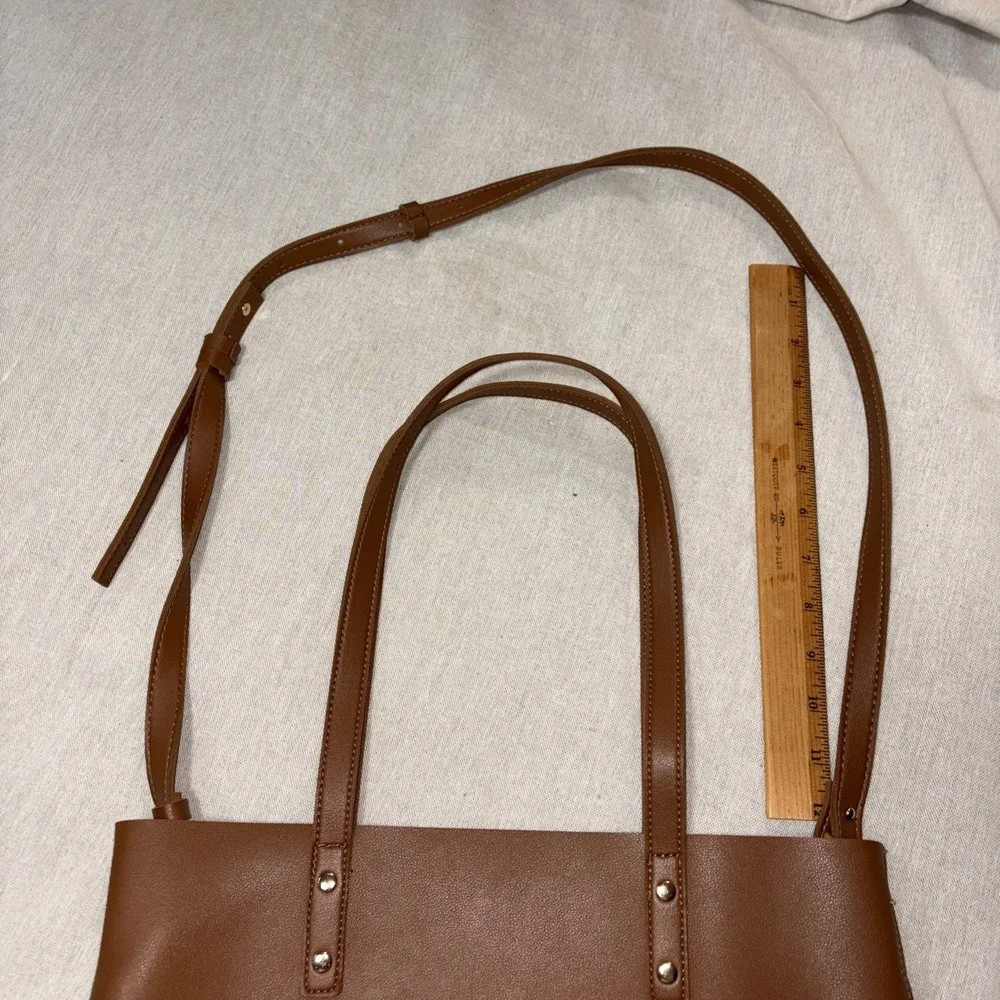 Henny + Lev Danielle tote bag in a cognac brown vegan‎ leather finish Long Strap